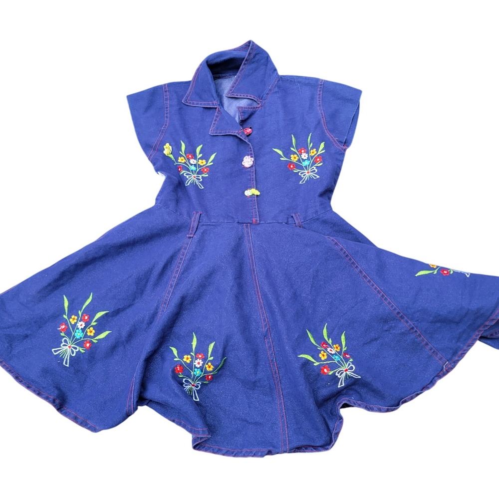 Dhawal Dress Girls 28 Blue Denim Look Floral Embroidered Novelty‎ Insect Buttons